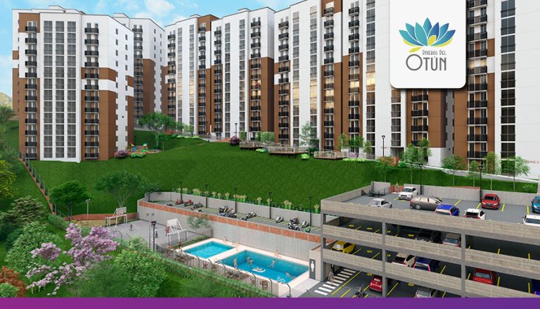 Un gran complejo moderno de apartamentos, Riveras del Otún, cuenta con varios edificios de gran altura blancos y marrones, césped verde, una zona de piscinas y un aparcamiento de varios niveles con varios coches aparcados. En la esquina aparece el logotipo de Otún.
