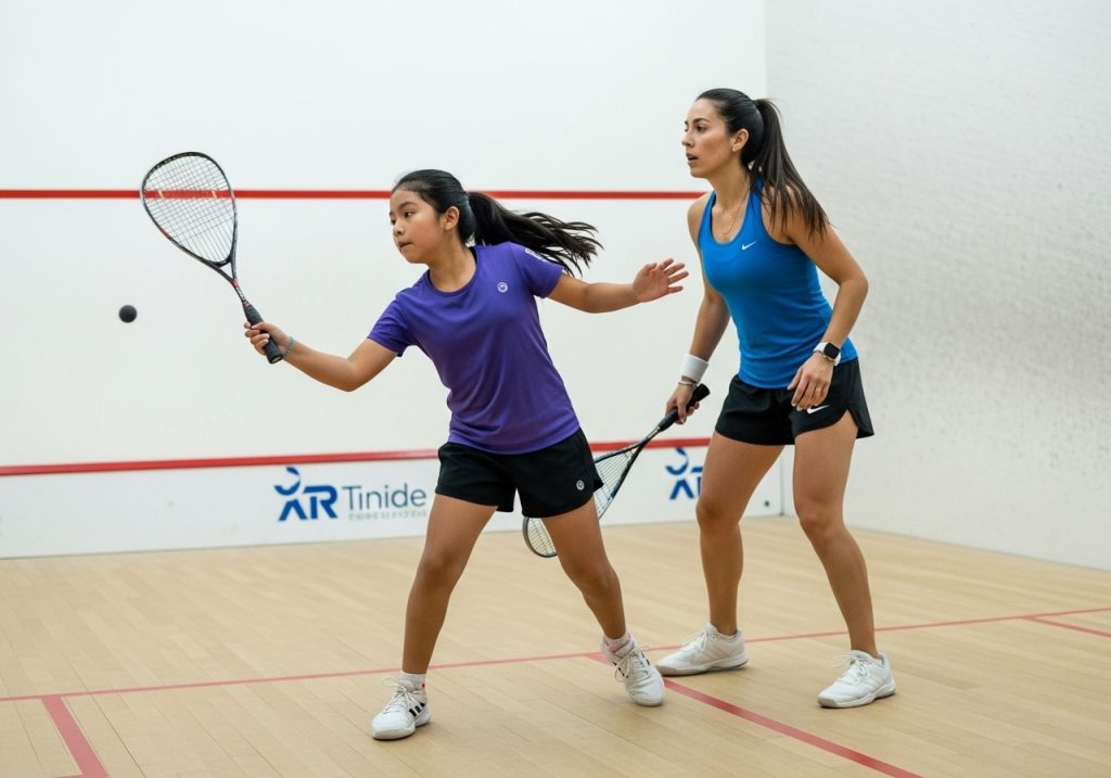 Una joven con camiseta morada juega al squash mientras una mujer adulta con camiseta azul de tirantes está detrás de ella, observando y dando instrucciones en una pista cubierta de squash. Ambas sostienen raquetas y llevan ropa deportiva.