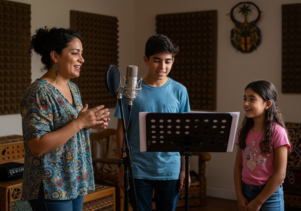 Una mujer y dos niños están de pie alrededor de un micrófono en un estudio de grabación, sonriendo y cantando juntos como un verdadero equipo de chefs infantiles mientras miran partituras en un atril. Paneles insonorizantes cubren las paredes.