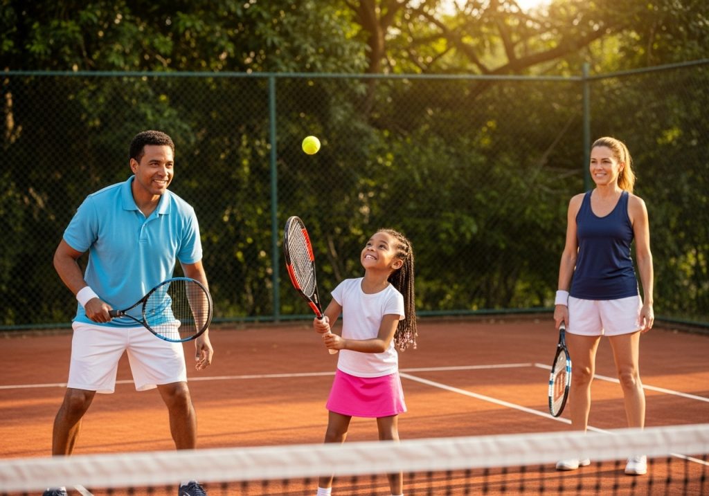 Una sonriente familia de tres miembros juega al tenis en una pista al aire libre; un hombre y una mujer observan cómo una niña se prepara para golpear la pelota con su raqueta, rodeados de árboles y bañados por la cálida luz del sol.