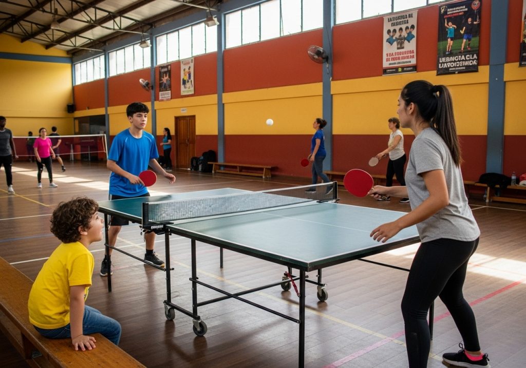 Dos adolescentes juegan al ping-pong en un gimnasio mientras un chico joven observa. Otras personas juegan y hacen ejercicio en el fondo. El gimnasio tiene paredes de colores y grandes ventanales.