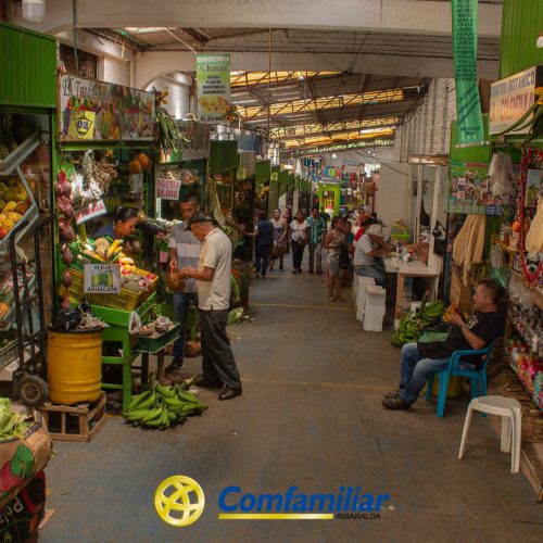 Un bullicioso mercado cubierto con puestos verdes de frutas, verduras y otros productos da la bienvenida a los visitantes cerca de la Biblioteca Pública Municipal. La gente compra, ordena los productos y pasea por el pasillo. En la parte inferior aparece el logotipo de Comfamiliar Risaralda.