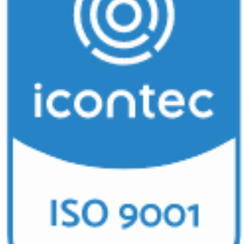 Distintivo de certificación azul y blanco con el logotipo de icontec, el texto ISO 9001 debajo y el código SC - 3332-4 en la parte inferior para la Biblioteca Pública Hugo Ángel Jaramillo.