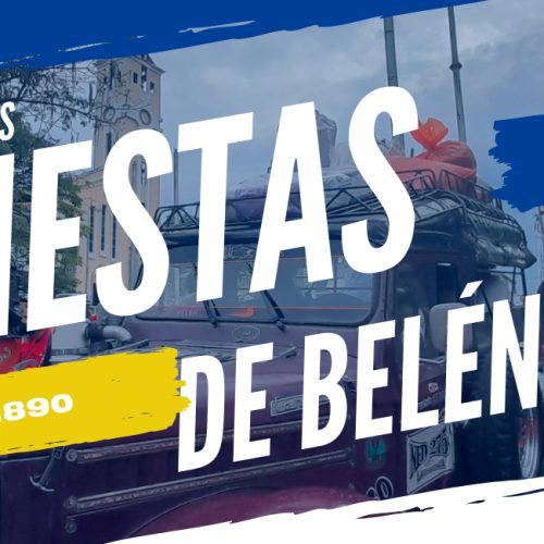 Pancarta de las Fiestas de Belén de Umbría con coloridos autobuses chiva, fecha del evento 10/08/1890, y celebraciones del aniversario municipal la primera semana de noviembre; logotipos de la Biblioteca Comfamiliar y la Biblioteca Pública incluidos.