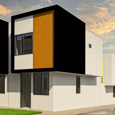 Modernas casas de dos plantas con atrevidas fachadas geométricas en blanco, negro y naranja en el Portal de la Estación, grandes ventanales y pequeños prados verdes bajo un cielo parcialmente nublado al atardecer; a la derecha se ven un coche y una persona.
