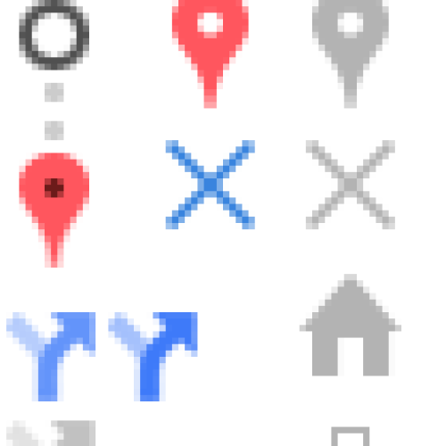 Una fila vertical de varios iconos coloridos de mapa y clasificación, incluyendo estrellas, flechas, chinchetas de localización, símbolos de casa y maletín -perfectos para la señalización de la Biblioteca Pública o proyectos de Hugo Ángel Jaramillo- en azul, naranja, gris y amarillo.
