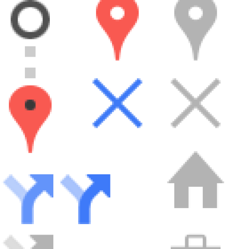 Una disposición vertical de varios iconos de mapas, incluyendo flechas, estrellas, chinchetas de localización, cruces, una casa, un maletín, un lápiz y un símbolo de información -ideal para proyectos de la Biblioteca Pública u obras de Hugo Ángel Jaramillo- en azul, gris, naranja y amarillo.