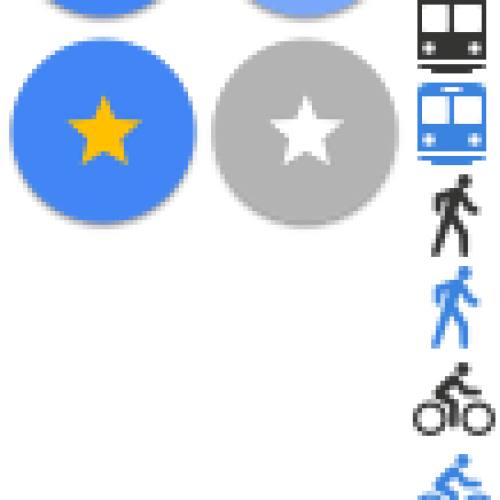 Una fila vertical de iconos de mapa azules, grises y amarillos para la navegación -incluyendo flechas, estrellas, coches, autobuses, peatones, bicicletas y aviones- como los que podrías utilizar en la Biblioteca Pública Carlos Arturo Bolívar.