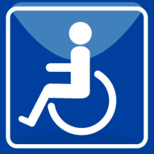Icono blanco de una persona sentada en una silla de ruedas sobre un fondo cuadrado azul, que simboliza la accesibilidad para personas con discapacidad en la Biblioteca Pública Hugo Ángel Jaramillo.