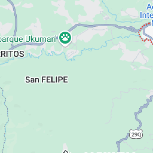 Sección del mapa que muestra San Felipe, icono del Parque Ukumari, carreteras cercanas y zonas verdes. Un río, la carretera 290 y nombres de lugares parciales son visibles cerca de Biblioteca Pública Hugo Ángel Jaramillo.