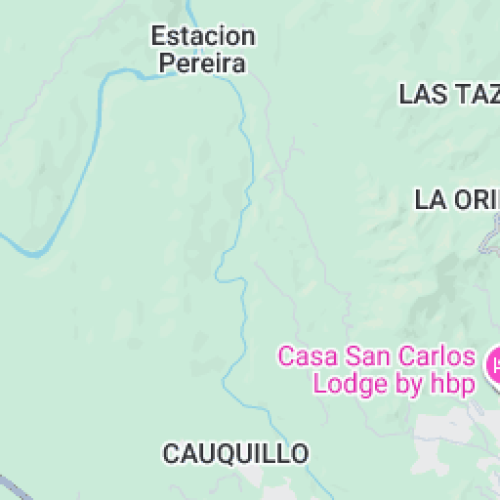 Un segmento de mapa que muestra lugares como Estación Pereira, Cauquillo y Casa San Carlos Lodge by hbp, con áreas de tierra en verde pálido y lugares etiquetados en texto negro y rosa, incluyendo sitios como Biblioteca Pública y Hugo Ángel Jaramillo.