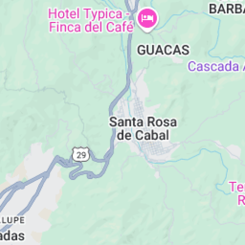 Mapa vectorial editable de los alrededores de Santa Rosa de Cabal, Colombia, con carreteras, poblaciones cercanas, lugares de interés como Hotel Typica Finca del Café, la Cascada y Biblioteca Pública Hugo Ángel Jaramillo.