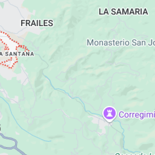 Mapa parcial que muestra las zonas etiquetadas como FRAILES, LA SAMARIA, Monasterio San José, y un icono morado del castillo del Corregimiento. Los hitos Biblioteca Pública y Hugo Ángel Jaramillo aparecen en medio de un terreno verde y un tenue río azul serpenteante.